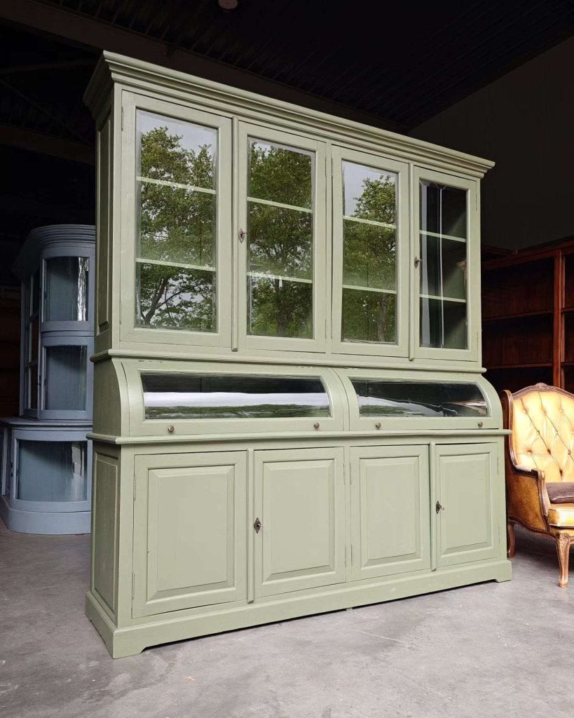 Prachtige mosgroene grutterskast | Apothekerskast teak #2527, Glas, Vintage / antiek, 200 cm of meer, Vintage / antiek