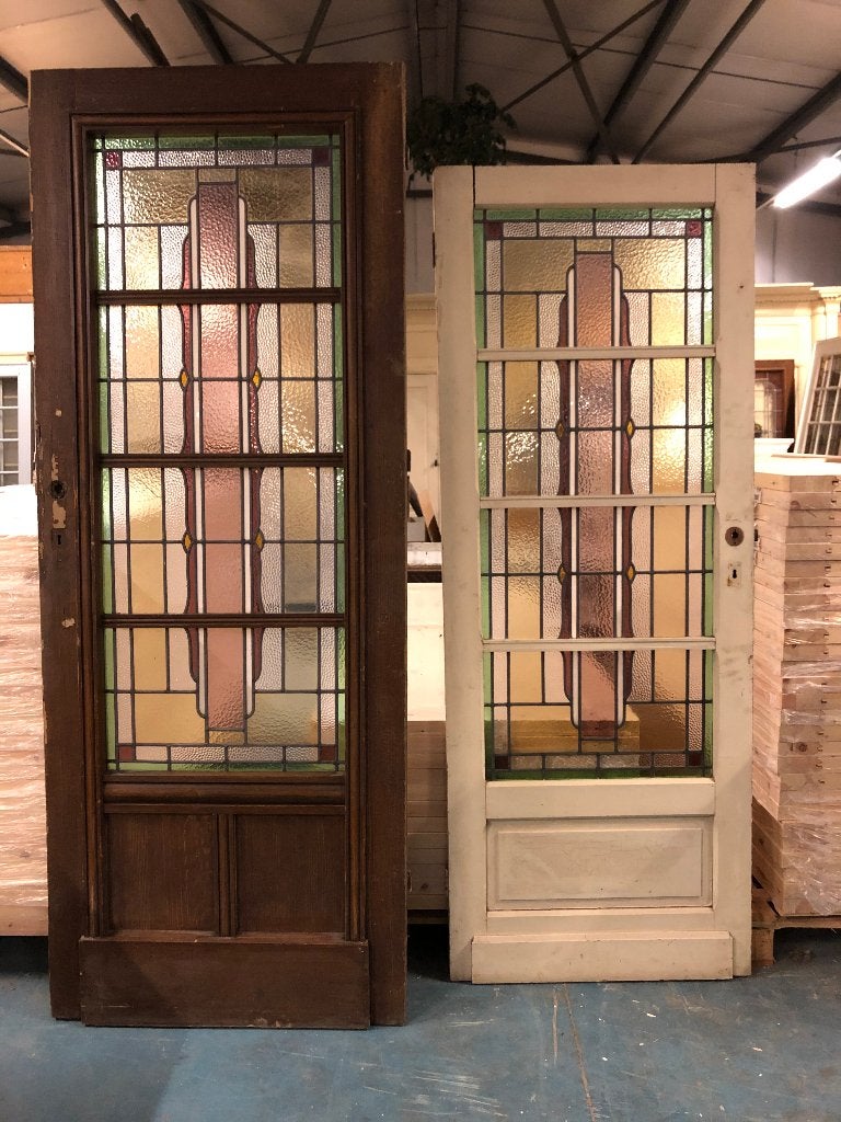 Antieke openslaande deur met glas in lood 220x86 cm., Ophalen of Verzenden