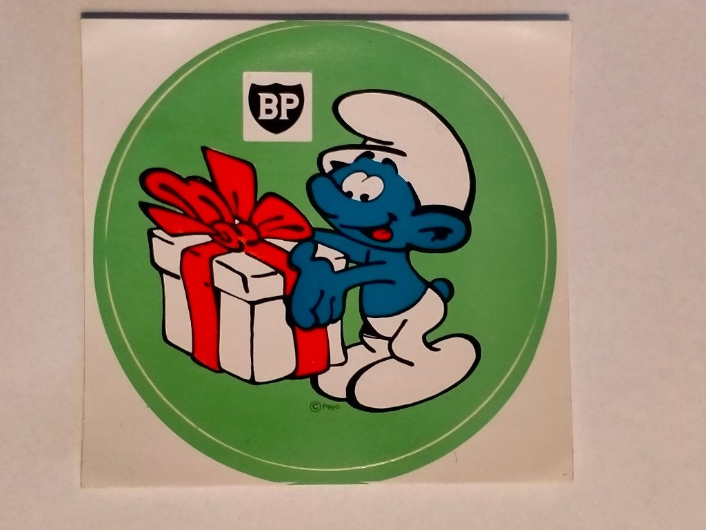 Smurfen smurf vintage BP tankstation sticker kado, Verzenden, Gebruikt, Strip of Tekenfilm