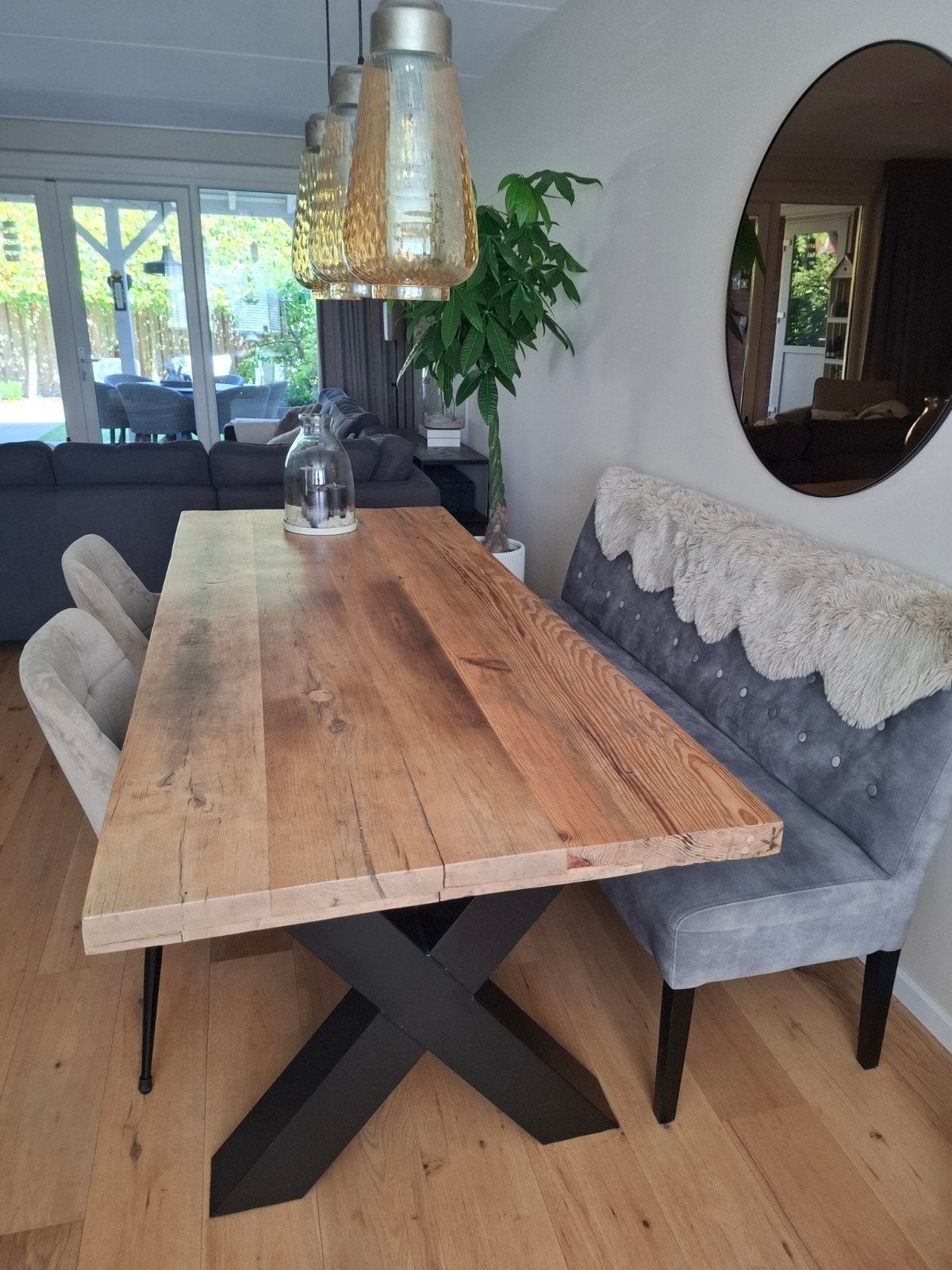 Prachtige beige eetkamerstoelen en groengrijze eetkamerbank, Ophalen, Twee, Overige kleuren, Stof