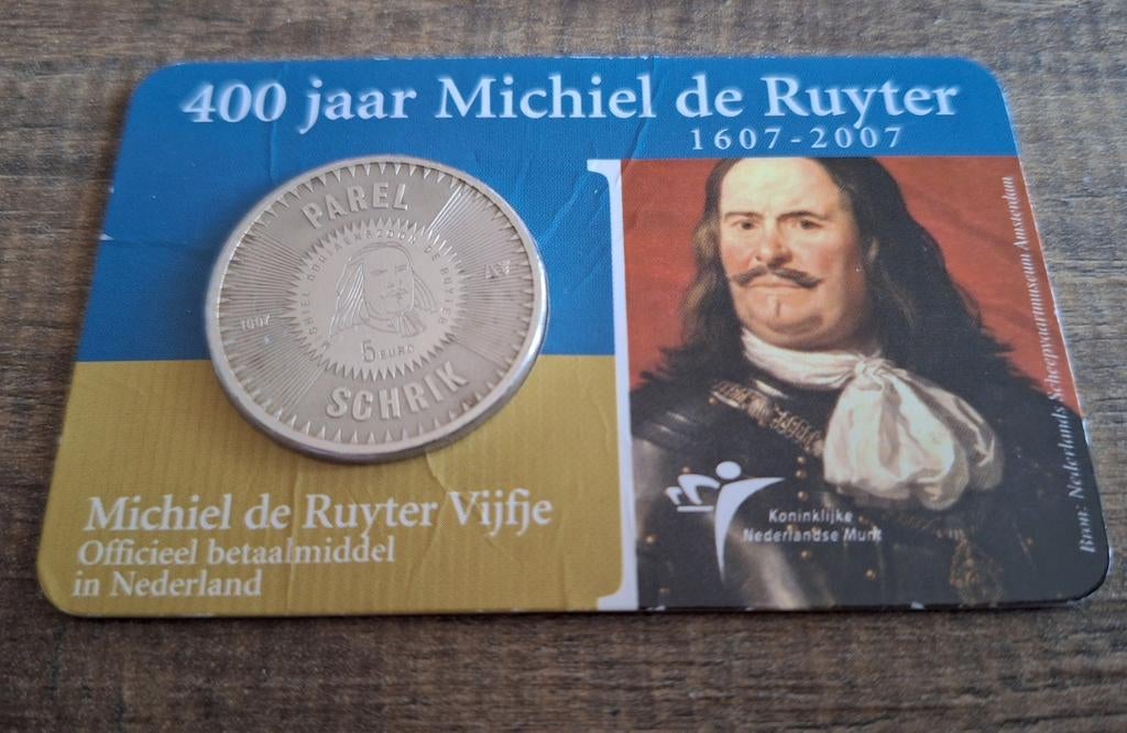 400 jaar Michiel de Ruyter 1607 - 2007 zilveren 5 euromunt, Koningin Beatrix, Zilver, Euro's, Ophalen of Verzenden