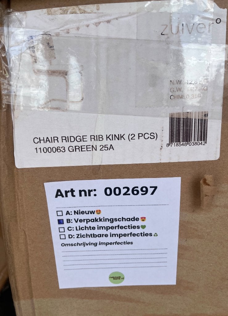 Zuiver Ridge Kink Rib stoel Groen | Set 2 | €169 p stuk, nu, Twee, Overige kleuren, Nieuw, Ophalen of Verzenden