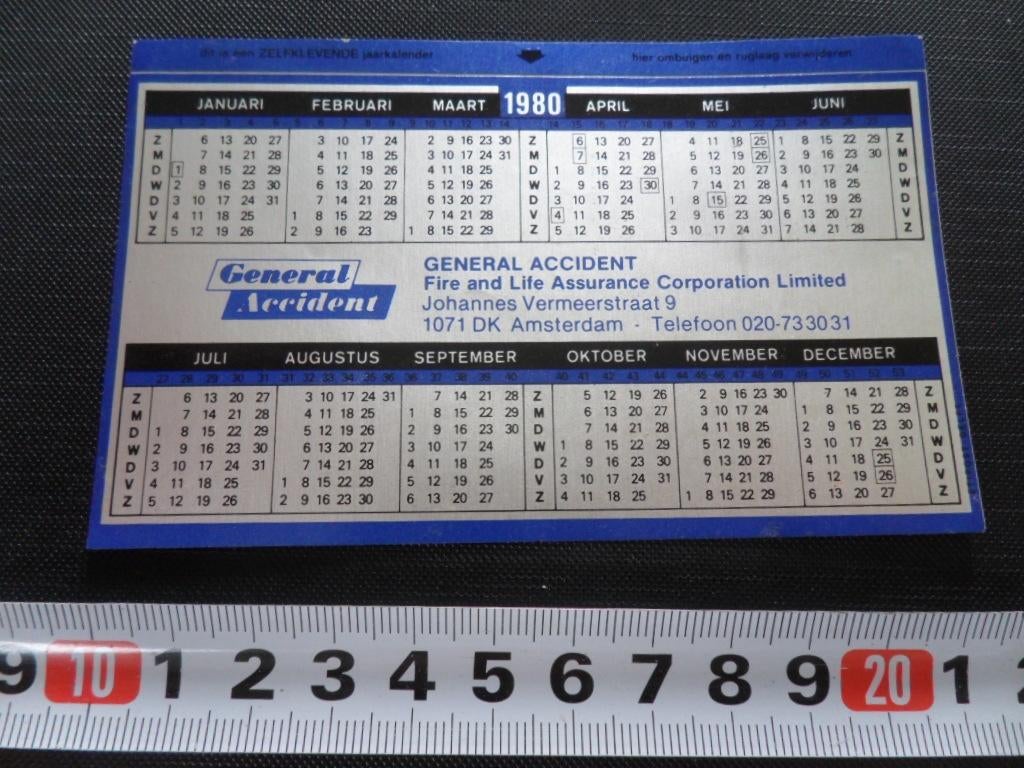 sticker Kalender 1980 Amsterdam GENERAL ACCIDENT, Ophalen, Zo goed als nieuw