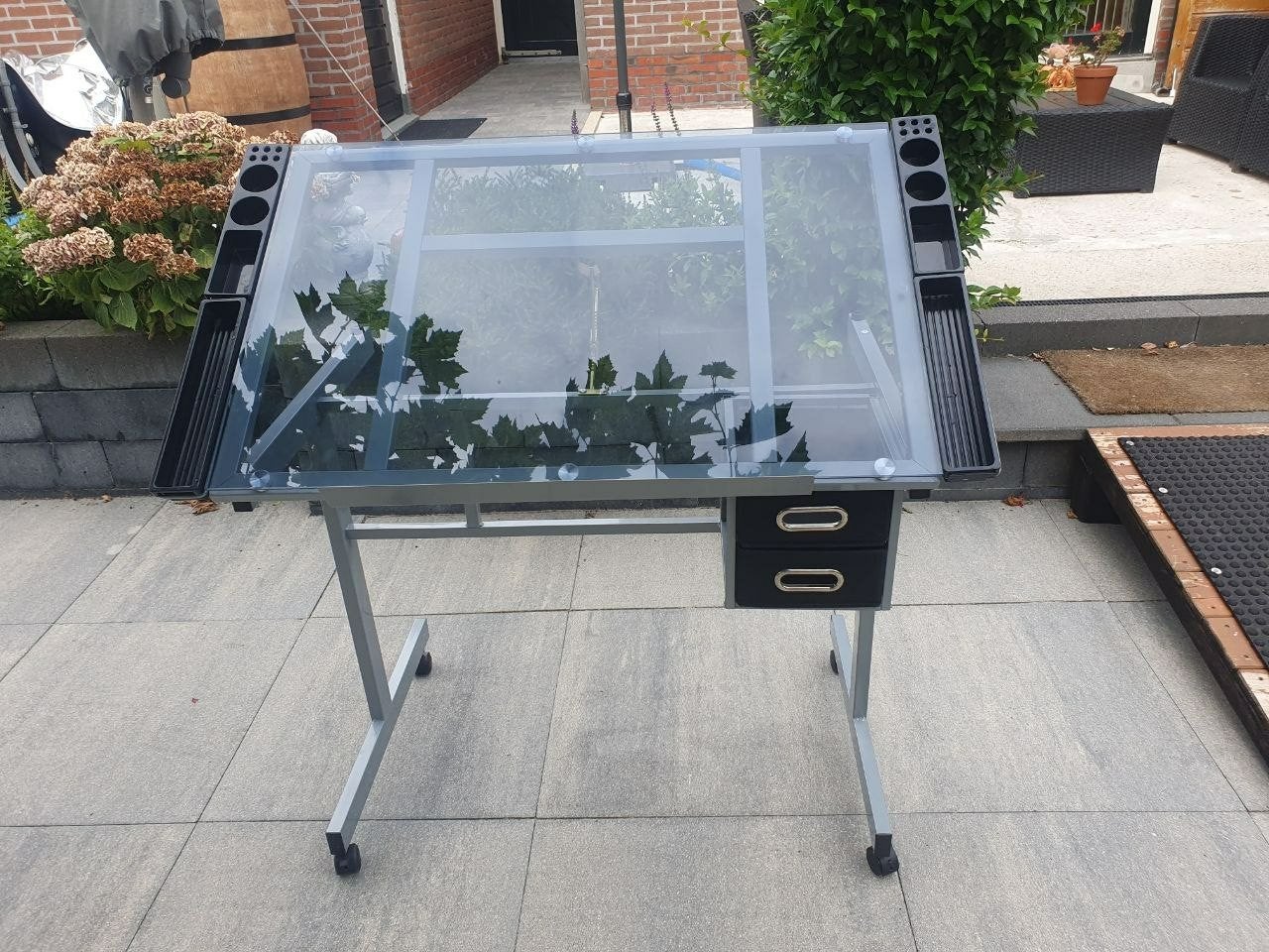 Tekentafel met glazen blad en opbergruimte, Ophalen, Gebruikt, Minder dan 130 cm