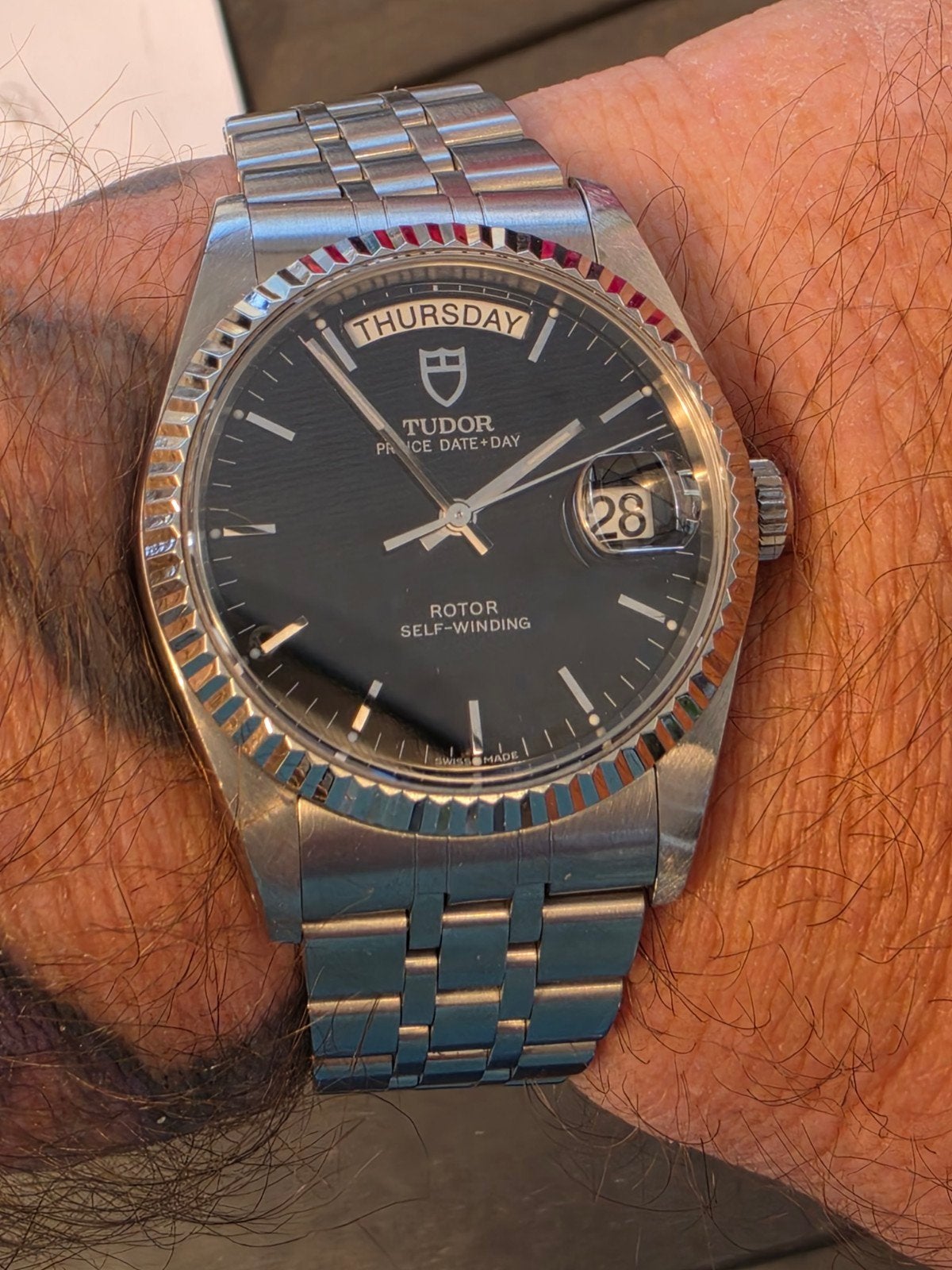 Tudor prince date-day 36mm witgouden bezel, Overige merken, Staal, Gebruikt, Staal