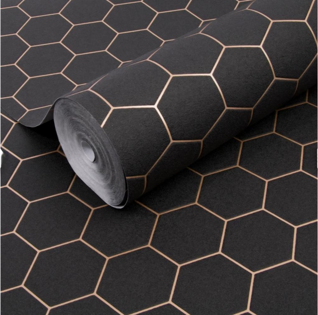 Hexagon Vliesbehang, Ophalen, 10 tot 25 m², Zwart, Hexagon