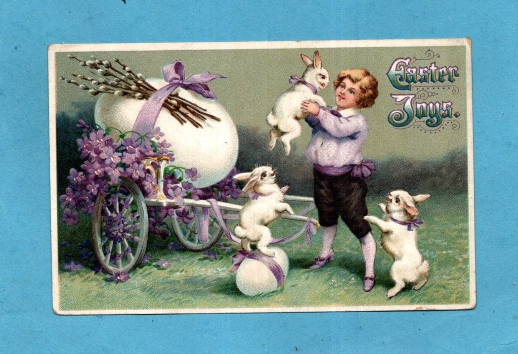 Pracht paaskaart/reliéf W365 - jongetje speelt met haasjes, Ophalen of Verzenden, Voor 1920, Gelopen, Feest(dag)