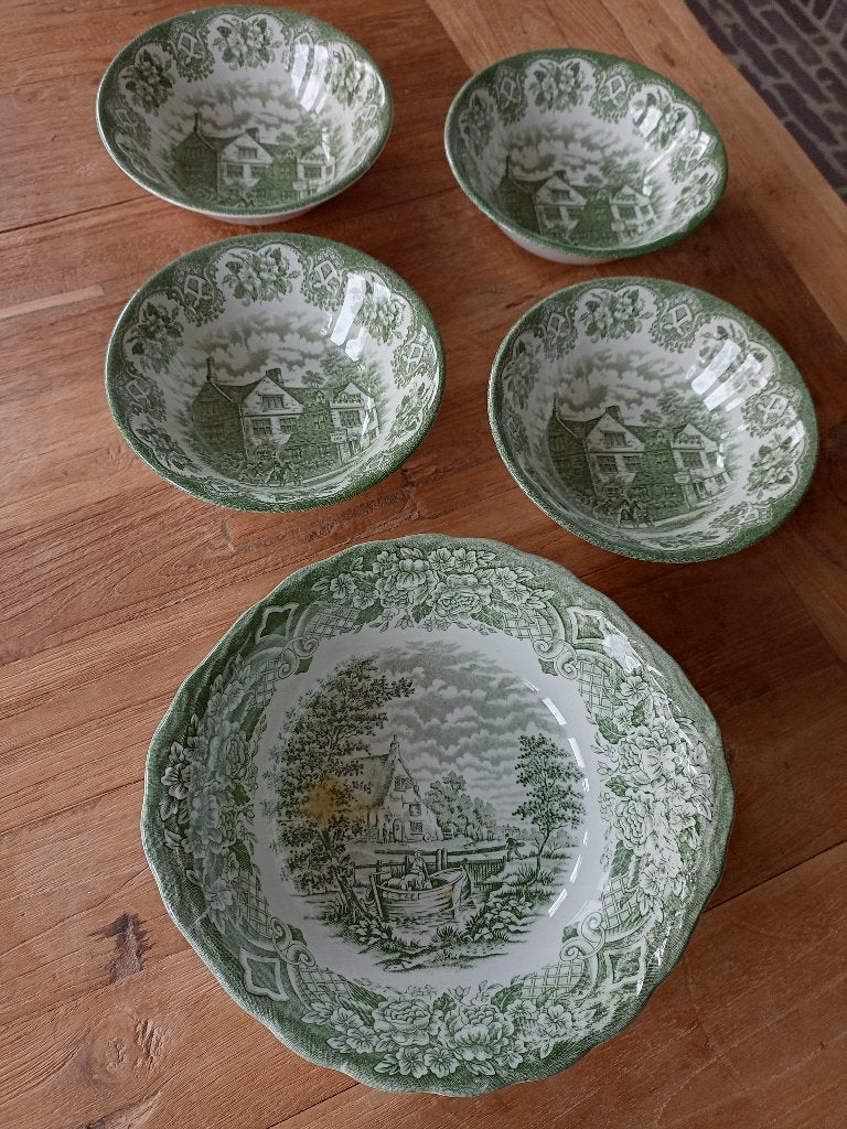 mooie schalen 5 st. Engels groen/wit, Ophalen of Verzenden