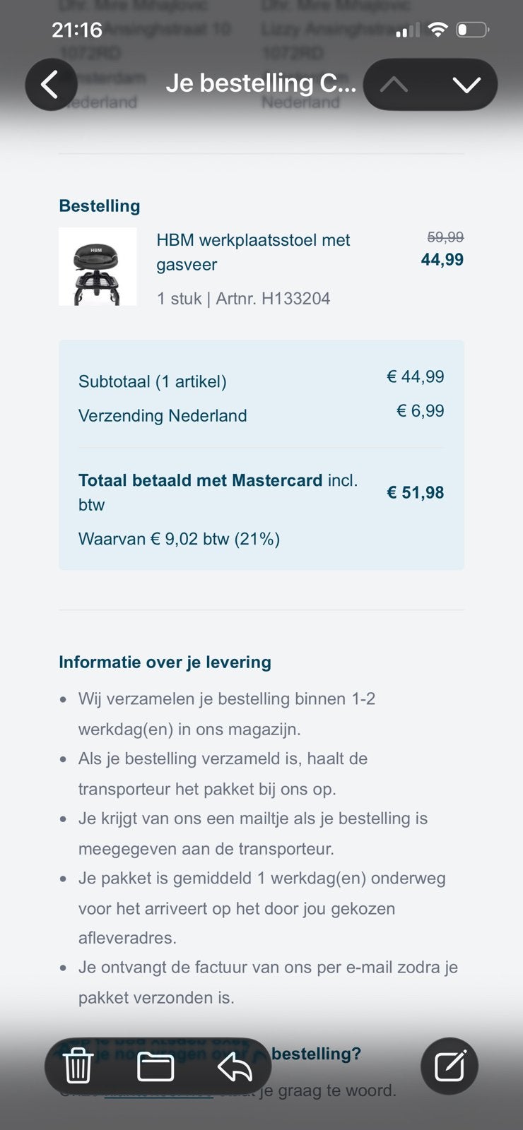 HBM werkplaatsstoel met gasveer, Doe-het-zelf en Verbouw, Gereedschap | Handgereedschap, Ophalen, Nieuw