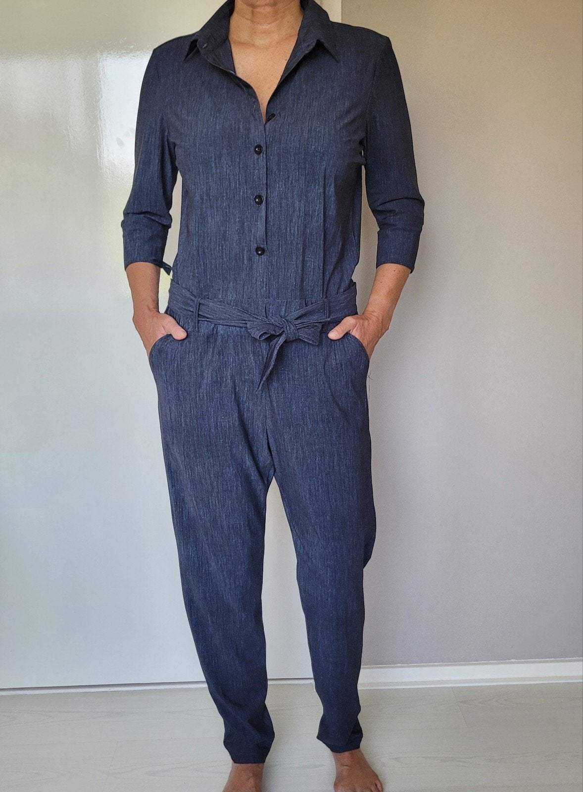 Studio Anneloes Angelique Denim look jumpsuit XXL Travelstof, Verzenden, Zo goed als nieuw, Maat 46/48 (XL) of groter, Blauw