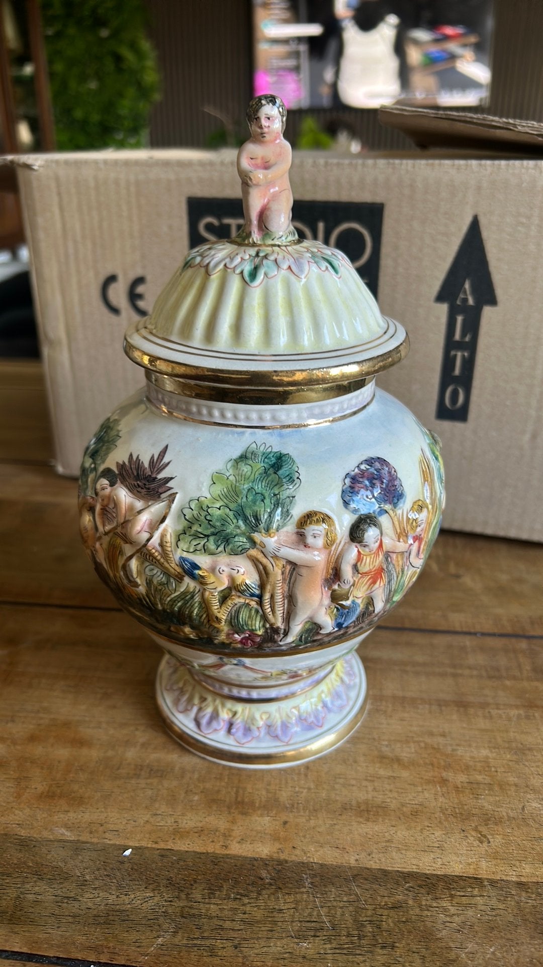 Prachtige italiaanse hand geschilderde deksel pot/vaas, Antiek en Kunst, Ophalen of Verzenden