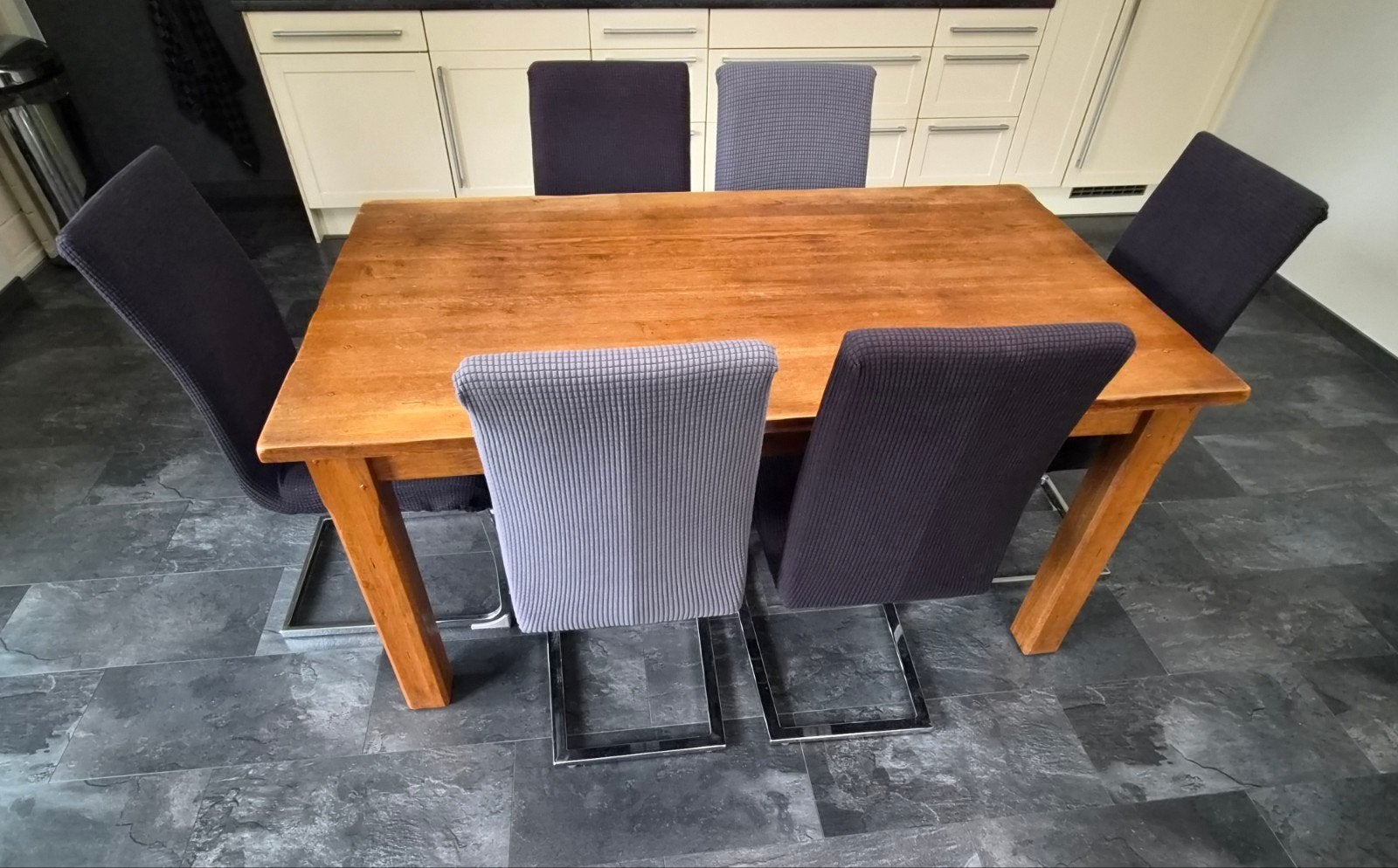 Eettafel Robuust Eikenhout incl.6 stoelen, Ophalen, Eikenhout, 50 tot 100 cm, 150 tot 200 cm