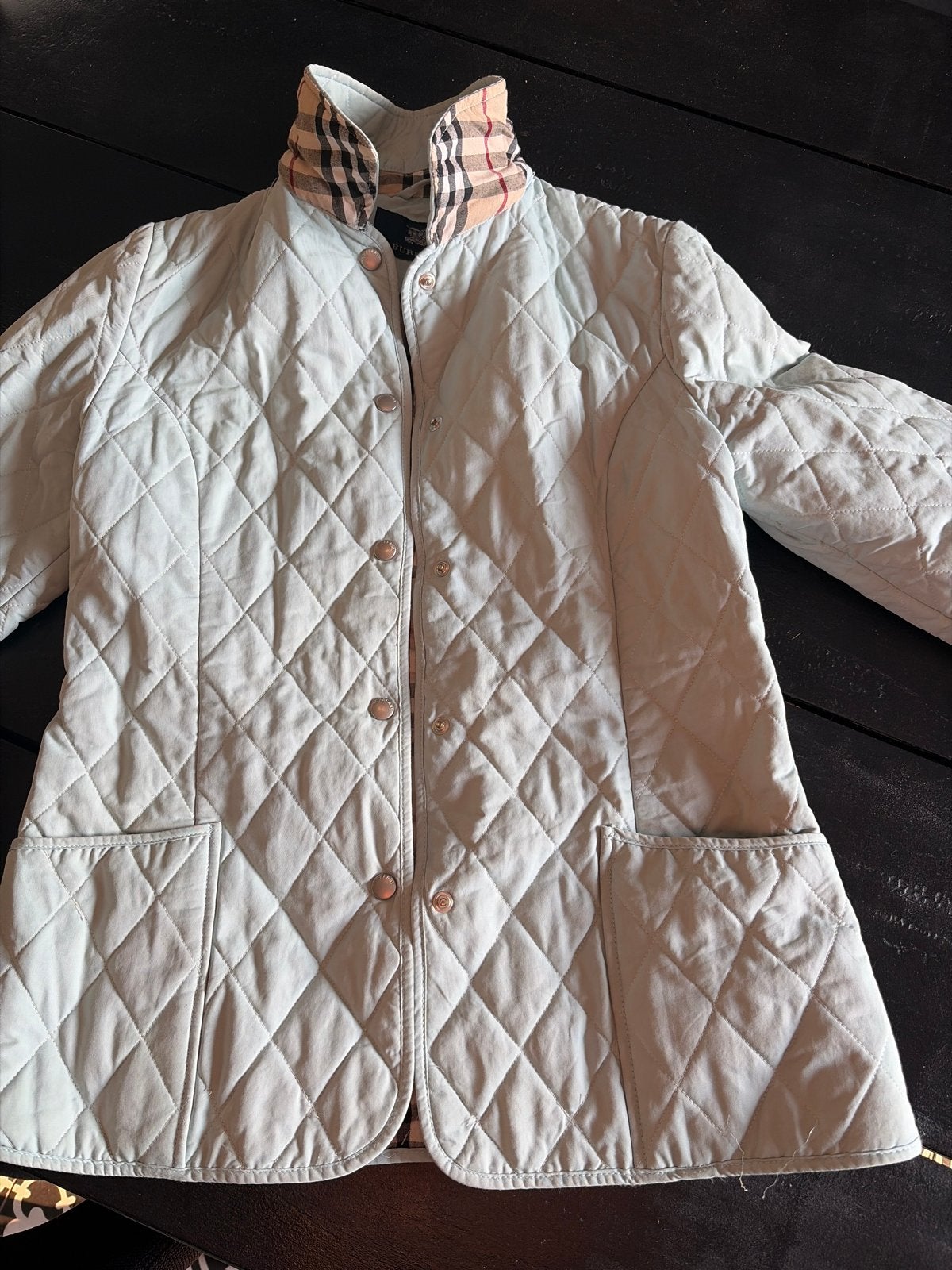 Burberry gewatteerde jas - lichtblauw met ruitvoering, Ophalen, Zo goed als nieuw, Maat 36 (S), Blauw