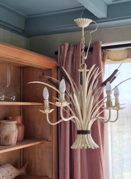 Oude vintage metalen bloemenlamp candelier hanglamp boeket, Gebruikt, T, Ophalen of Verzenden, N