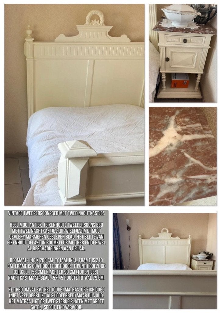 Vintage tweepersoonsbed met twee nachtkastjes, Huis en Inrichting, Slaapkamer | Bedden, Gebruikt, Wit, Tweepersoons, 200 cm