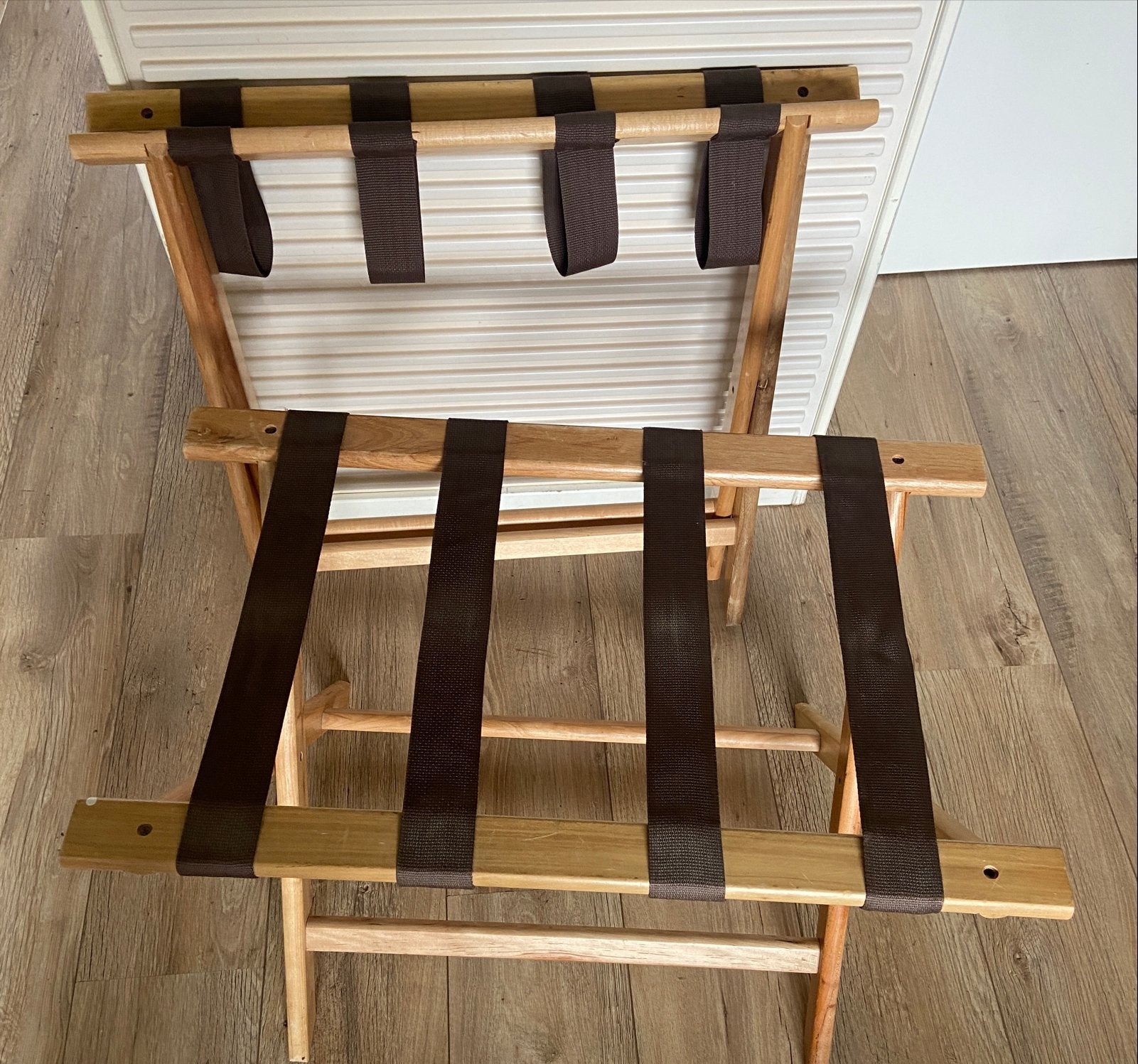 Set van 2 houten kofferstandaards, Huis en Inrichting, Krukjes, Gebruikt, Hout, Ophalen of Verzenden