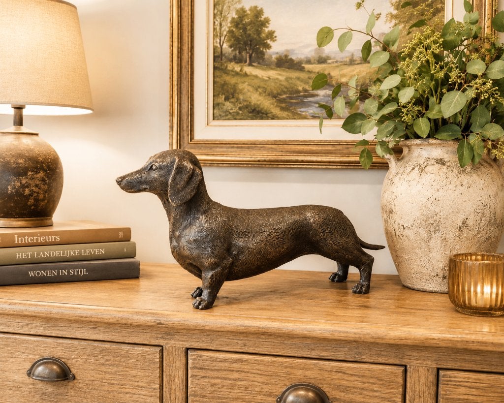 Bronzen beeld / TECKEL / 35 cm lang / tekkel / reu, Nieuw, Info@huisentuindecoratiemarie.nl, Huis en tuin decoratie marie, Dierenbeeld
