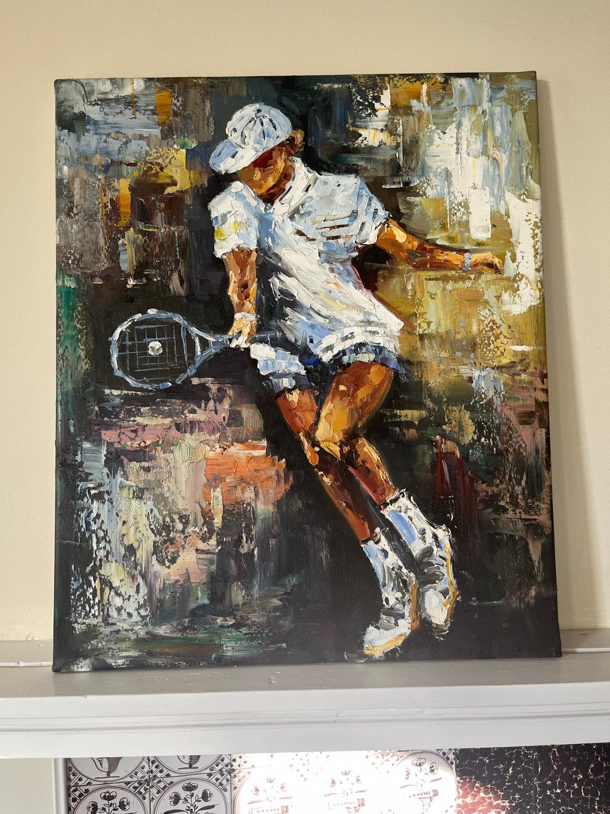 Modern schilderij: Tennisster in actie, Ophalen, Figuren, Textiel, Gesigneerd