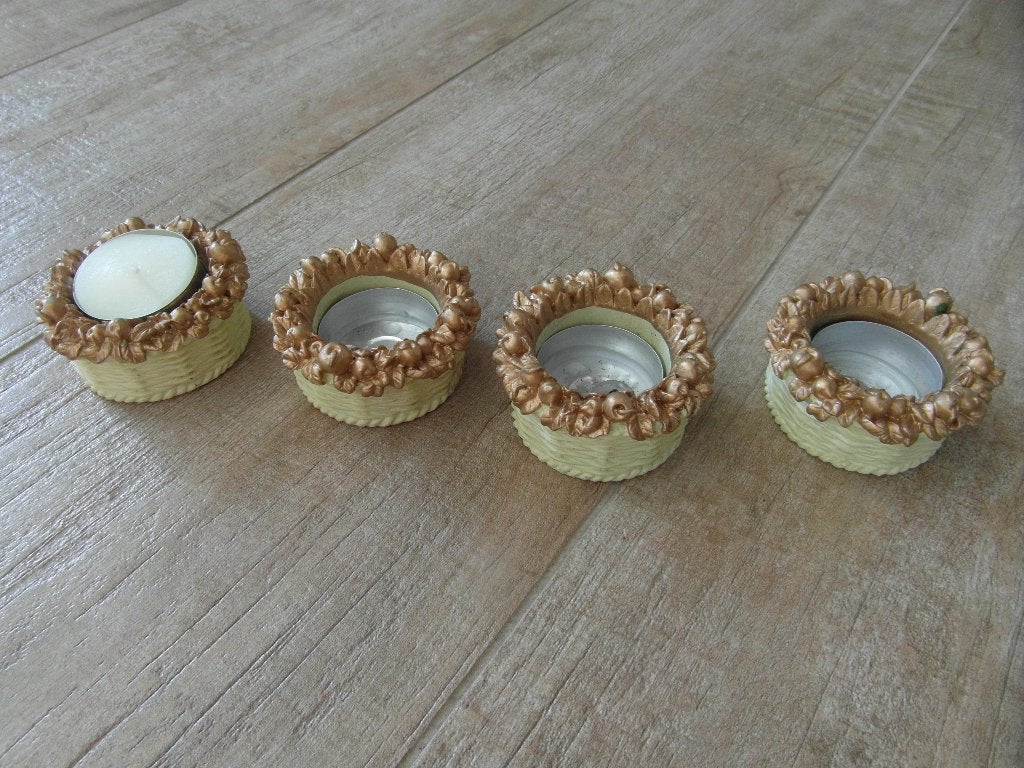 4 waxinelichtjes houders vintage, retro, Kunststof, Gebruikt, Ophalen of Verzenden, Crème