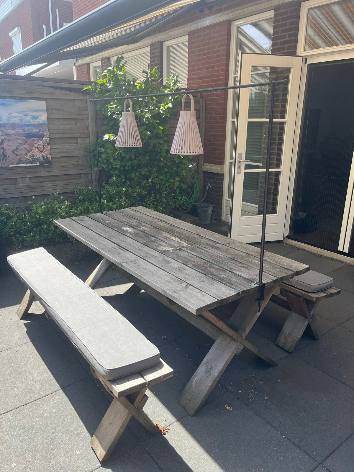 Picknicktafel 190x87 met 2 banken, kussens en tafelstang., Tuin en Terras, Ophalen, Gebruikt, Rechthoekig, Hout