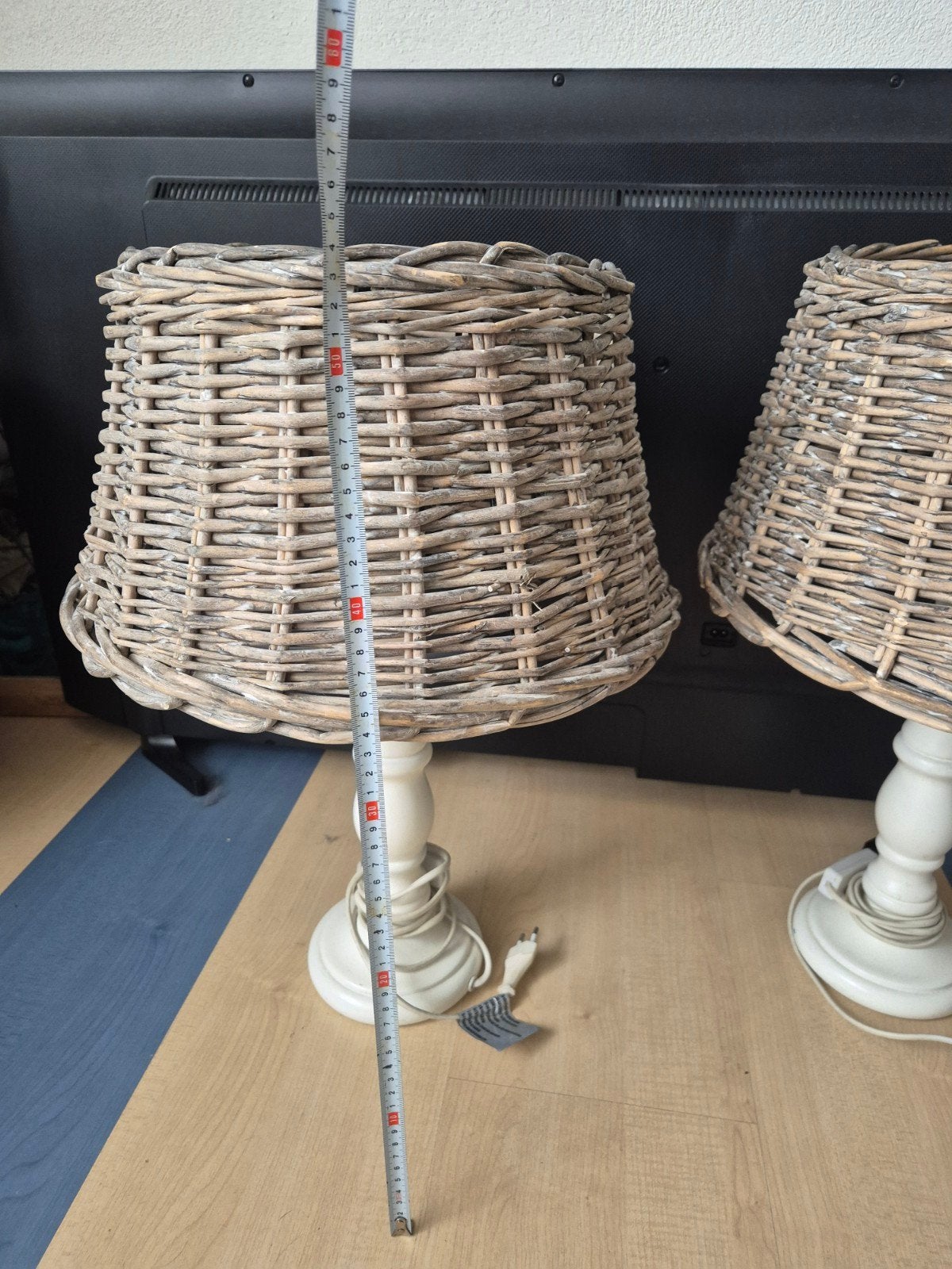Set van 2 landelijke tafellampen met rieten kap, Ophalen, Gebruikt, Met kap, Wit