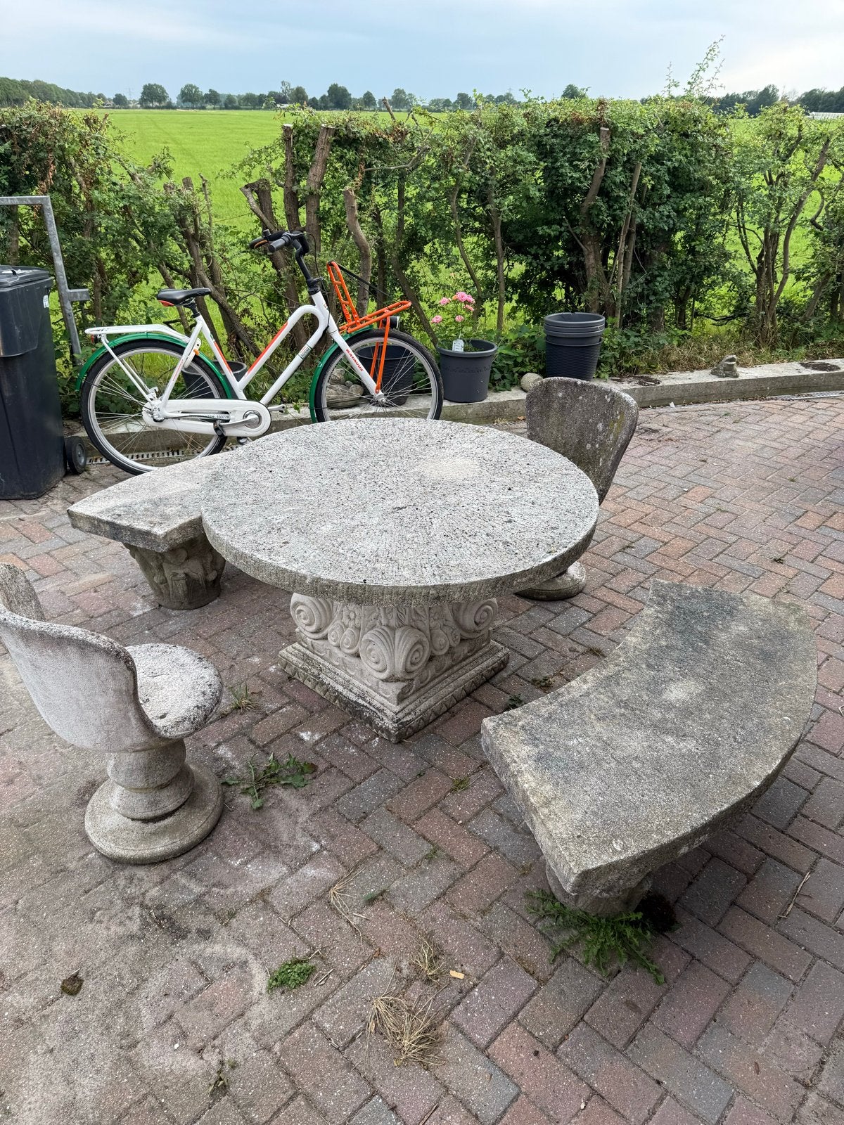 Antieke stenen tuinset met 4 zitplaatsen, Tuin en Terras, Ophalen, Gebruikt, Overige materialen, 4 zitplaatsen
