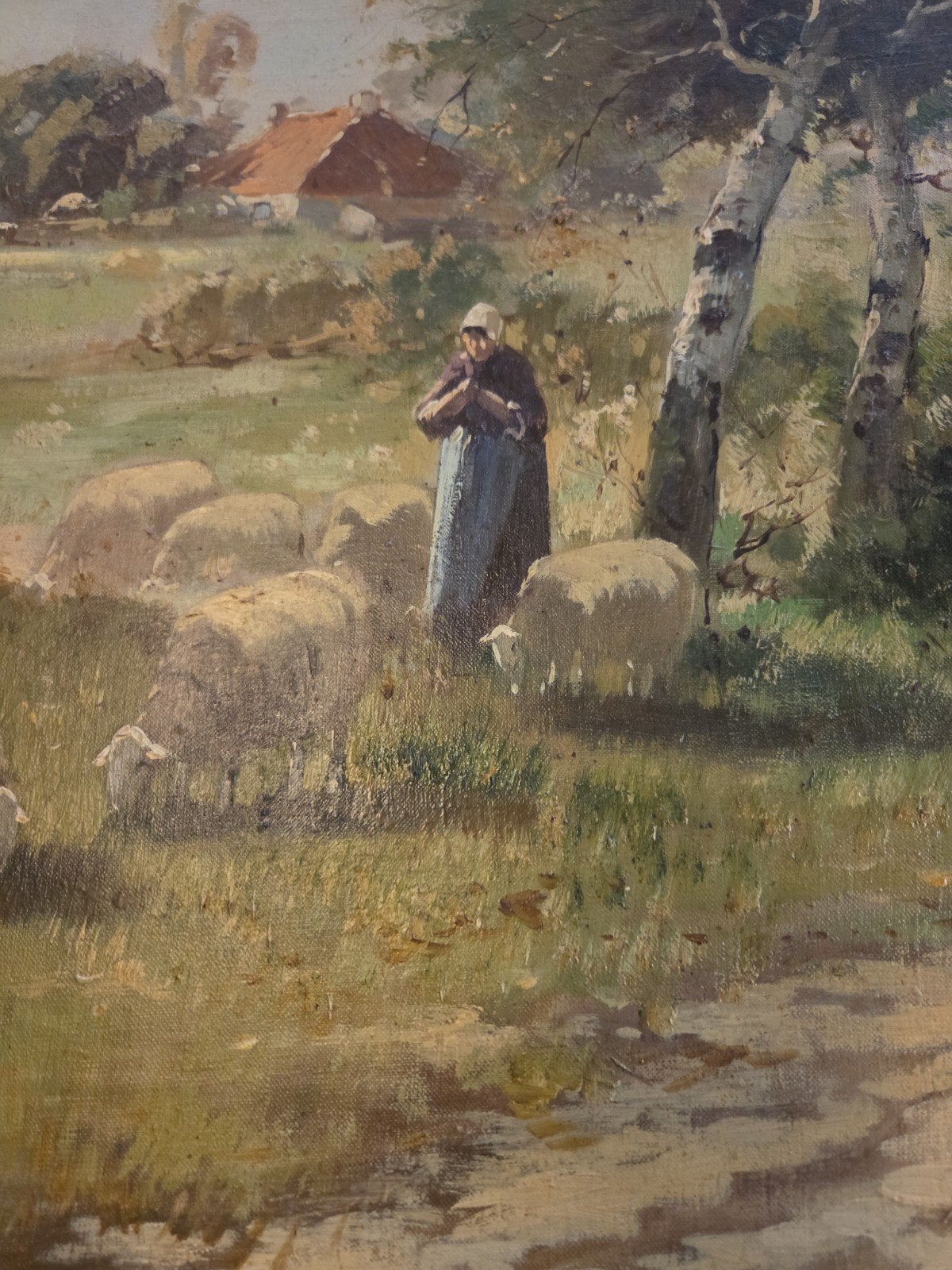 Olieverfschilderij schaapherderin en kudde schapen, Ophalen, Doek, Oud hollands, Dieren