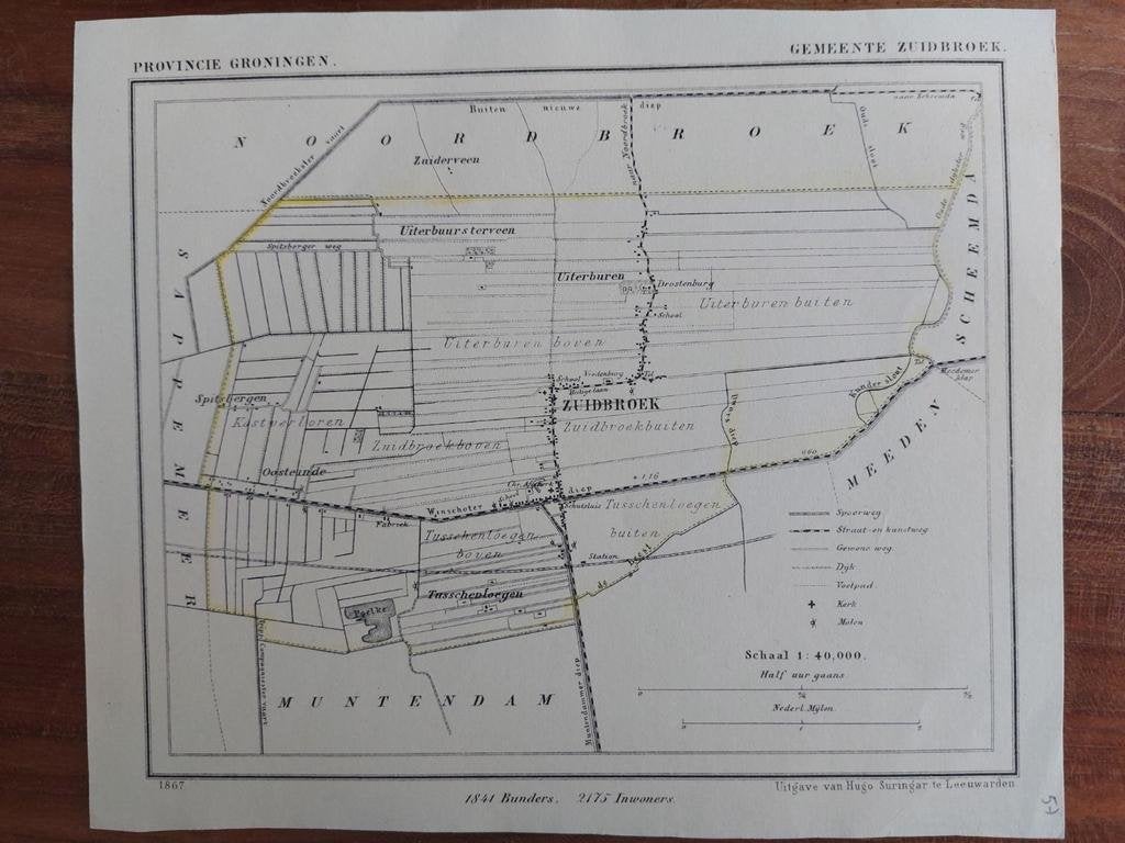 57 / Zuidbroek Tussenploegen Litho uit 1867 van J. Kuyper, Ophalen of Verzenden