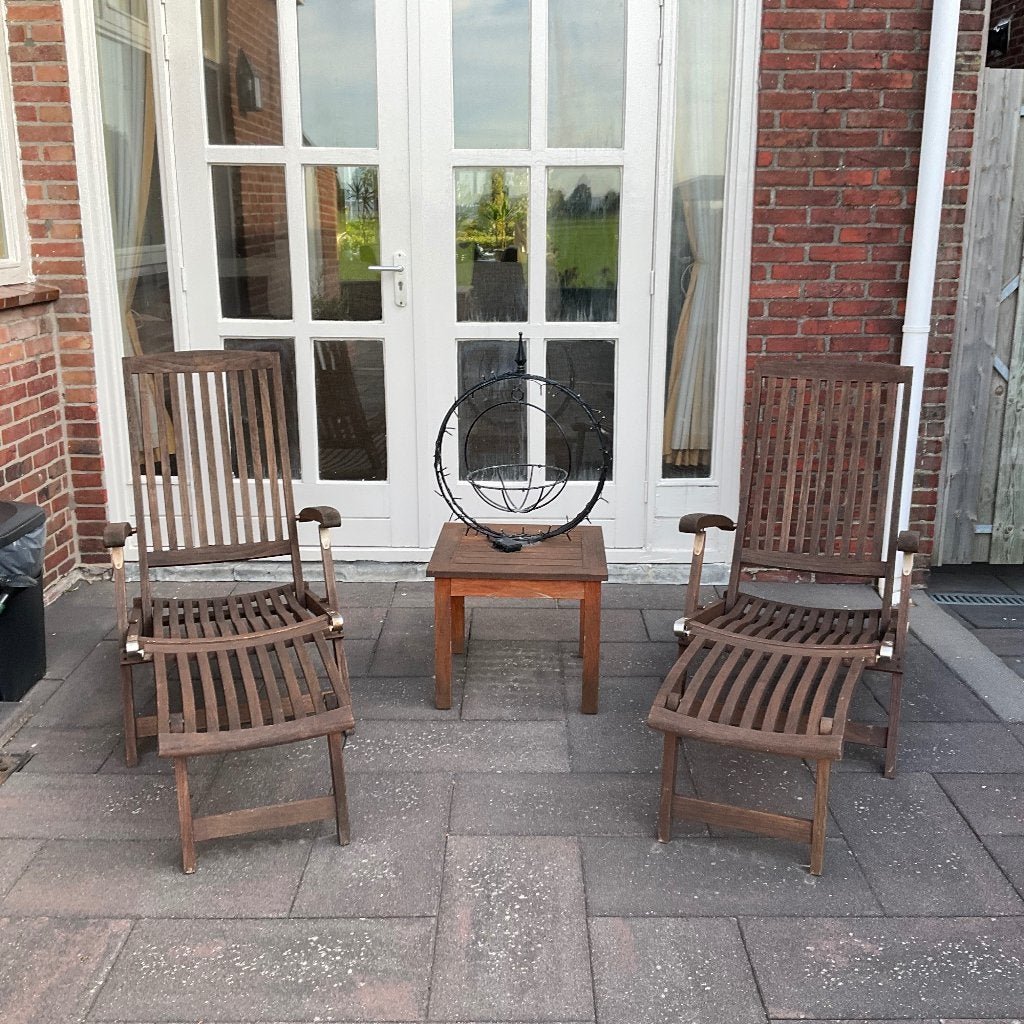 2 Tuinstoelen en tafeltje, Tuin en Terras, Tuinstoelen, Ophalen, Gebruikt, Teakhout, Verstelbaar