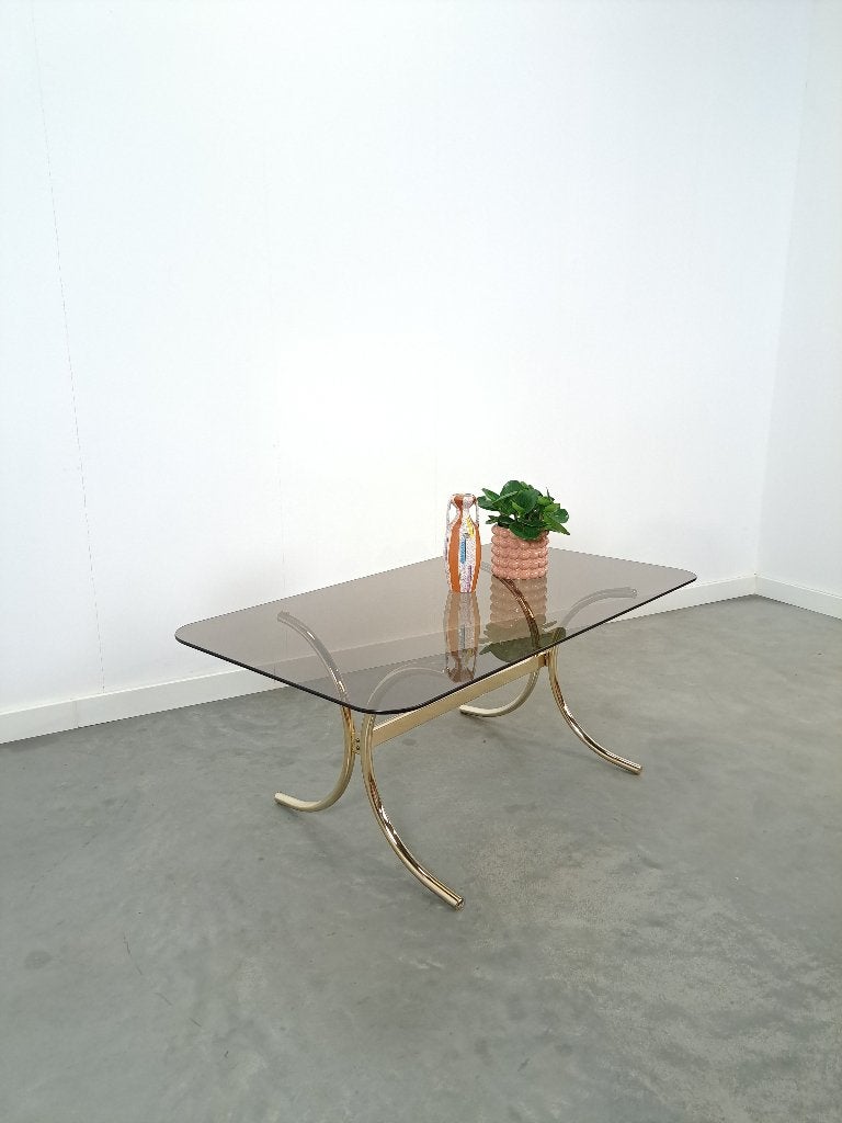 Rookglas salontafel met goudkleurige poten uit Zweden, 50 – 75, Gebruikt, 100 tot 150 cm, Glas