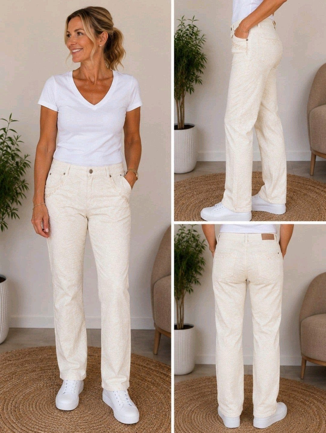 Parami Special Capri  Crème/Wit Jacquard Bloemenprint W3, Kleding | Dames, Maat 38/40 (M), Parami, Beige, Ophalen of Verzenden