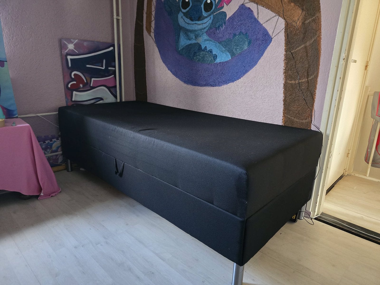 1 persoons boxspring, met opbergruimte, op te halen in Weert, Ophalen, Eenpersoons, Zwart, Zo goed als nieuw