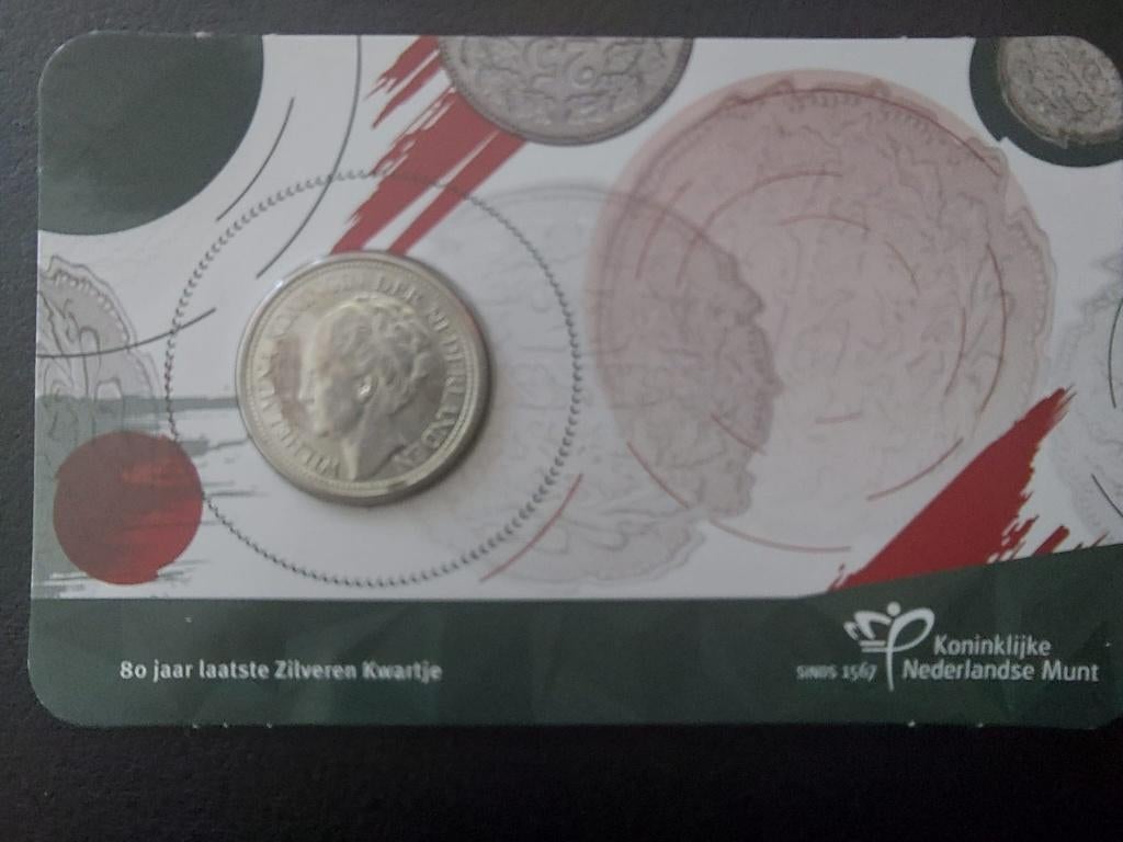Numismatische coincard - 80jr afscheid zilveren kwartje 1941, Setje, Zilver, 25 cent, Ophalen of Verzenden