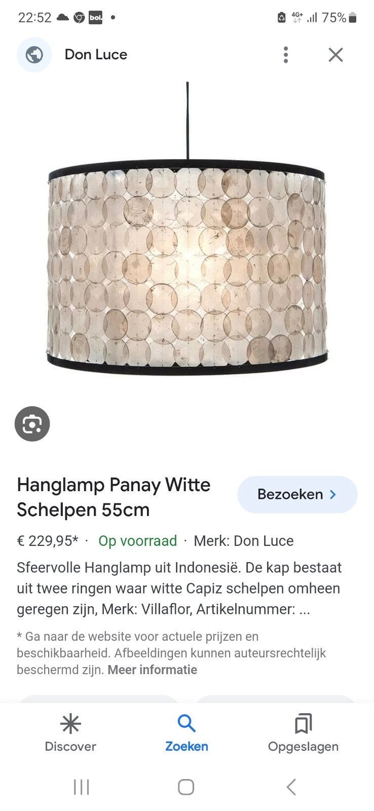 Don Luce Panay Witte Schelpen Hanglamp 55cm, Ophalen, E27 (groot), Zo goed als nieuw, Bohemian, Modern, Sfeervol