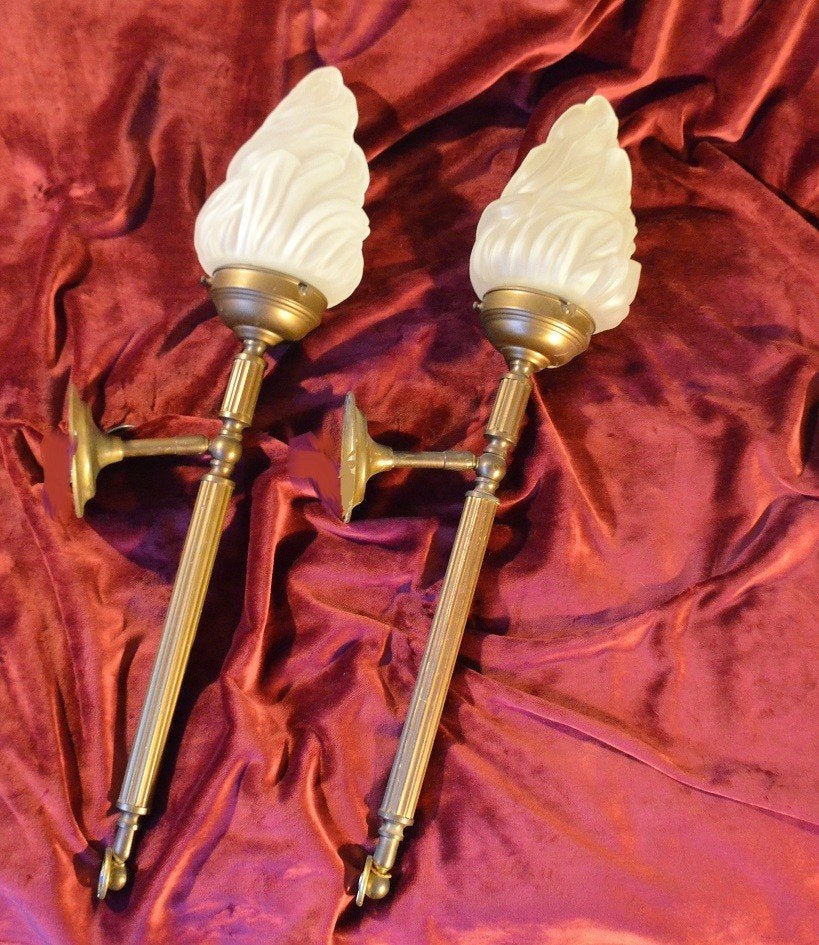 Set XL Empire / Art-Deco toortslampen - met vuurkelk 70 cm !, Huis en Inrichting, Lampen | Wandlampen, Ophalen of Verzenden, Gebruikt