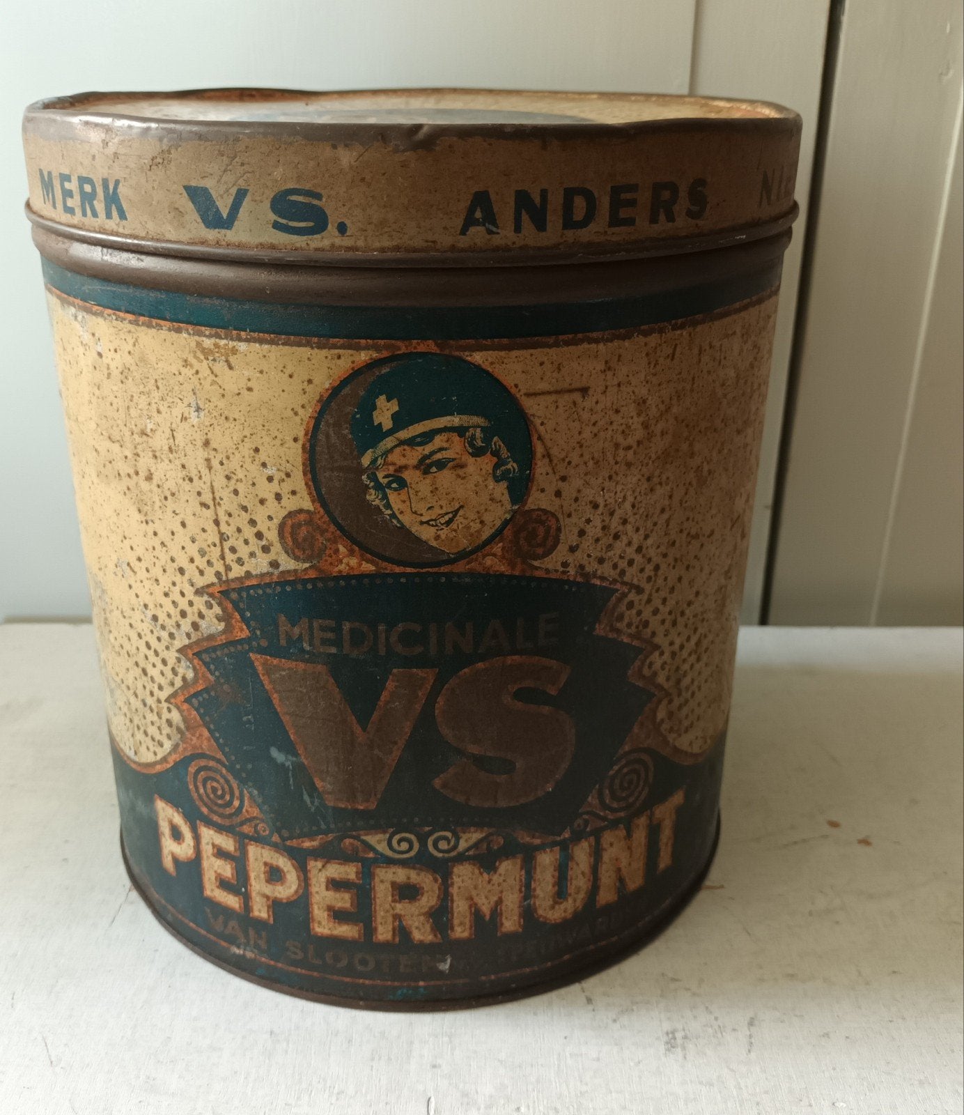 Antiek blik VS Pepermunt Van Slooten - Medicinale, Ophalen of Verzenden, Gebruikt