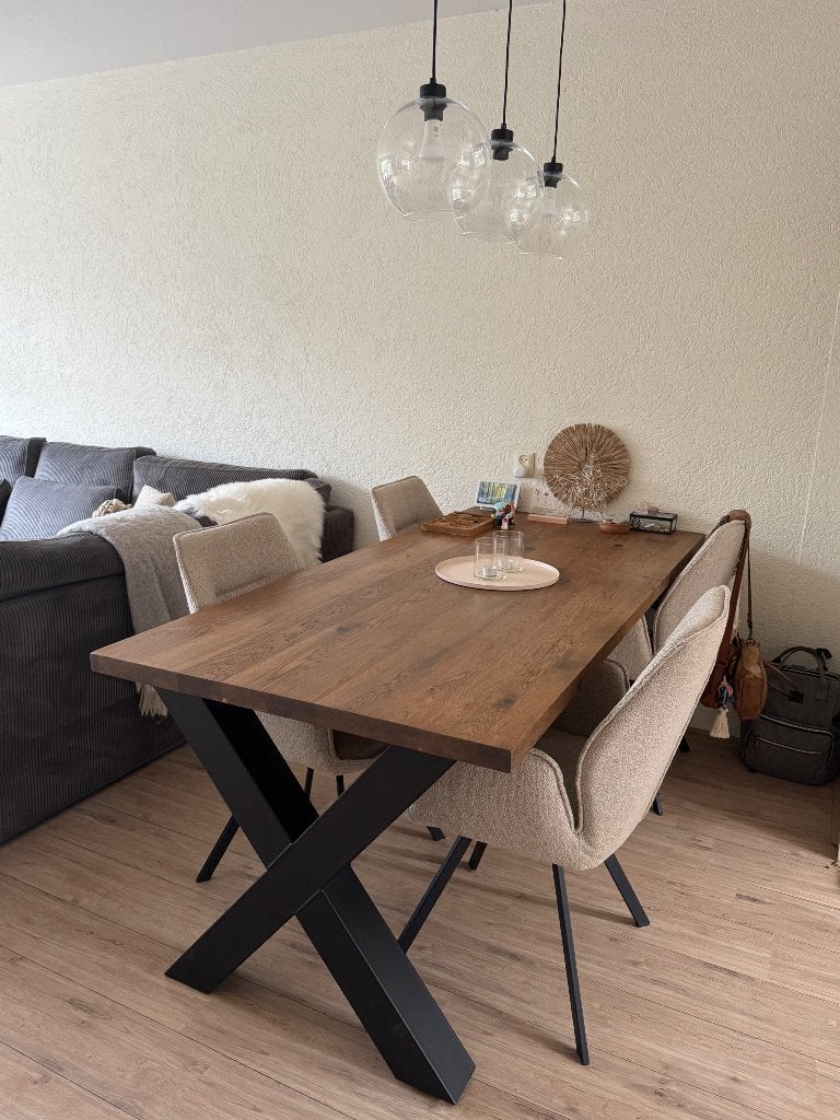 Eiken eettafel 200x90 + eetkamerstoelen + plafondlamp, Ophalen, 200 cm of meer, 50 tot 100 cm, Zo goed als nieuw