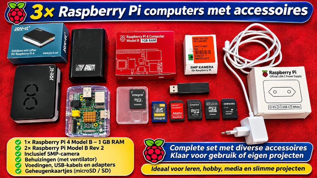 3 Raspberry Pi computers+accessoires + Camera + Startklaar, Ophalen of Verzenden, Zo goed als nieuw