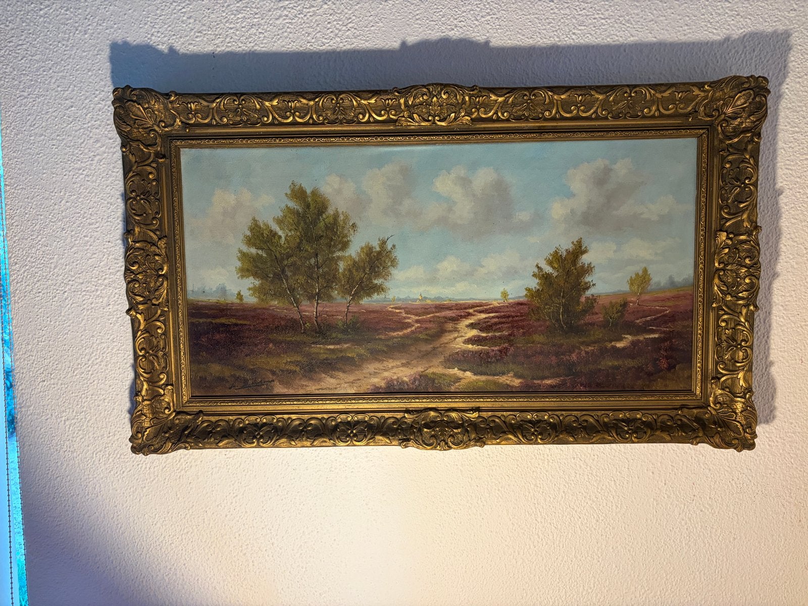 Schilderij: Heide Landschap met Bomen en Pad, Ophalen, Doek, Realistisch, Gesigneerd