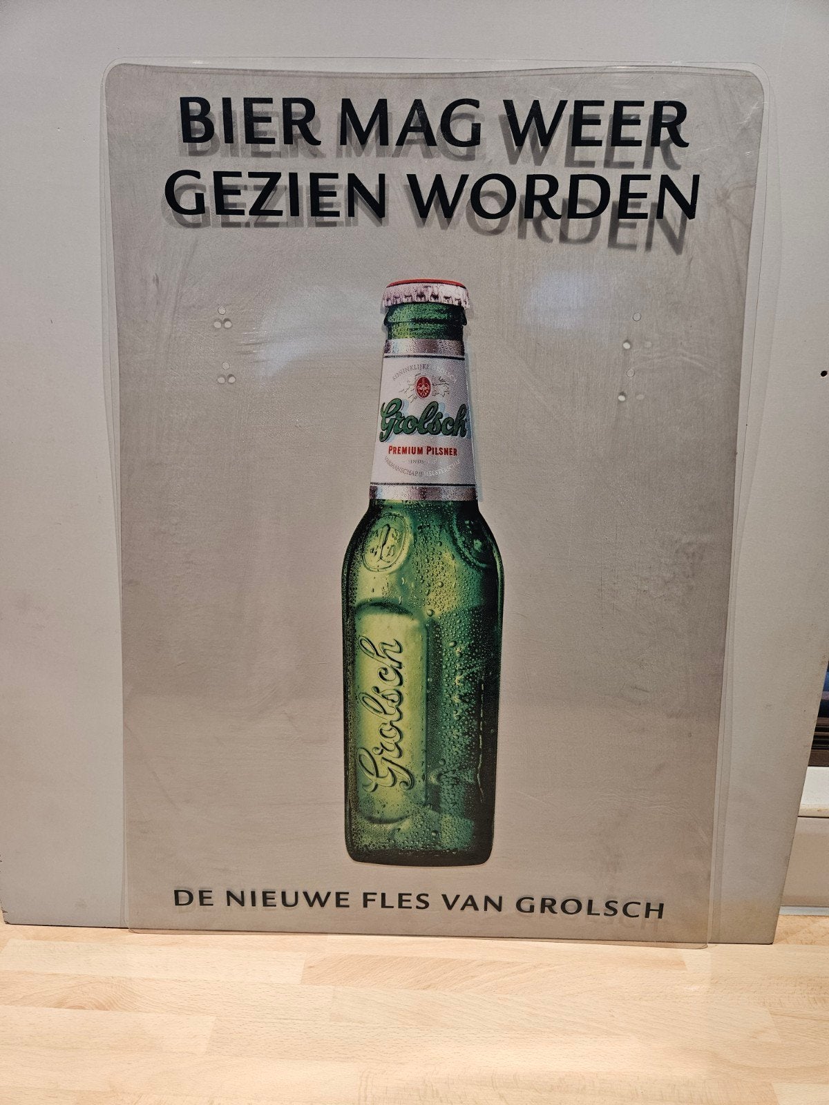 Grolsch Reclamebord - "Bier mag weer gezien worden" - 65 cm, Ophalen of Verzenden, Reclamebord
