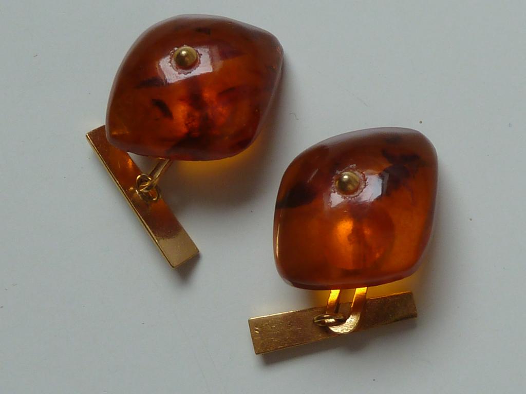 Antieke art deco manchetknopen, Baltisch barnsteen cabochon, Verzenden, Zo goed als nieuw, Overige materialen, Verguld