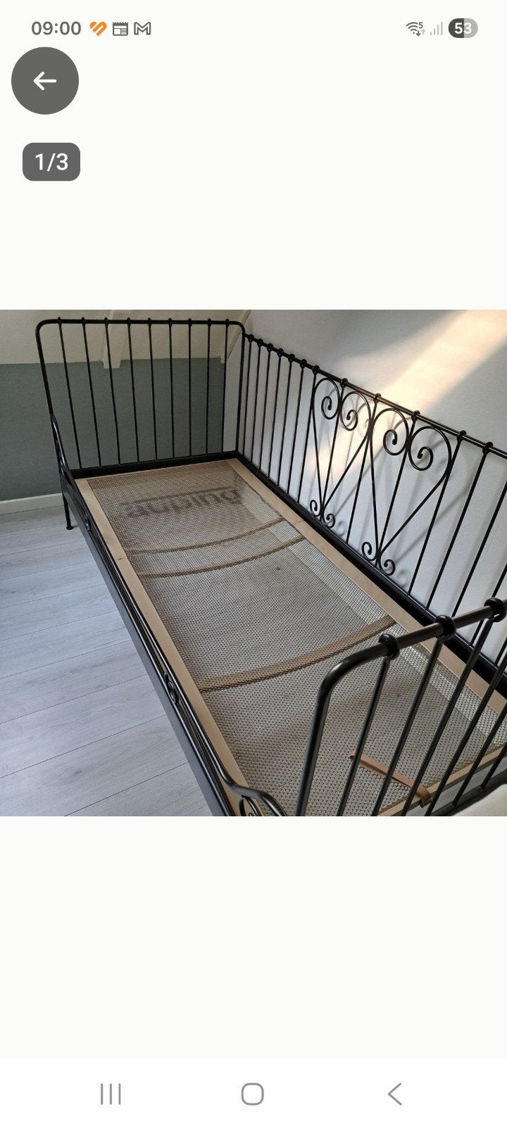 Zwart metalen eenpersoonsbed 90x200 met matras, Ophalen, Verstelbaar, 90 cm, Eenpersoons