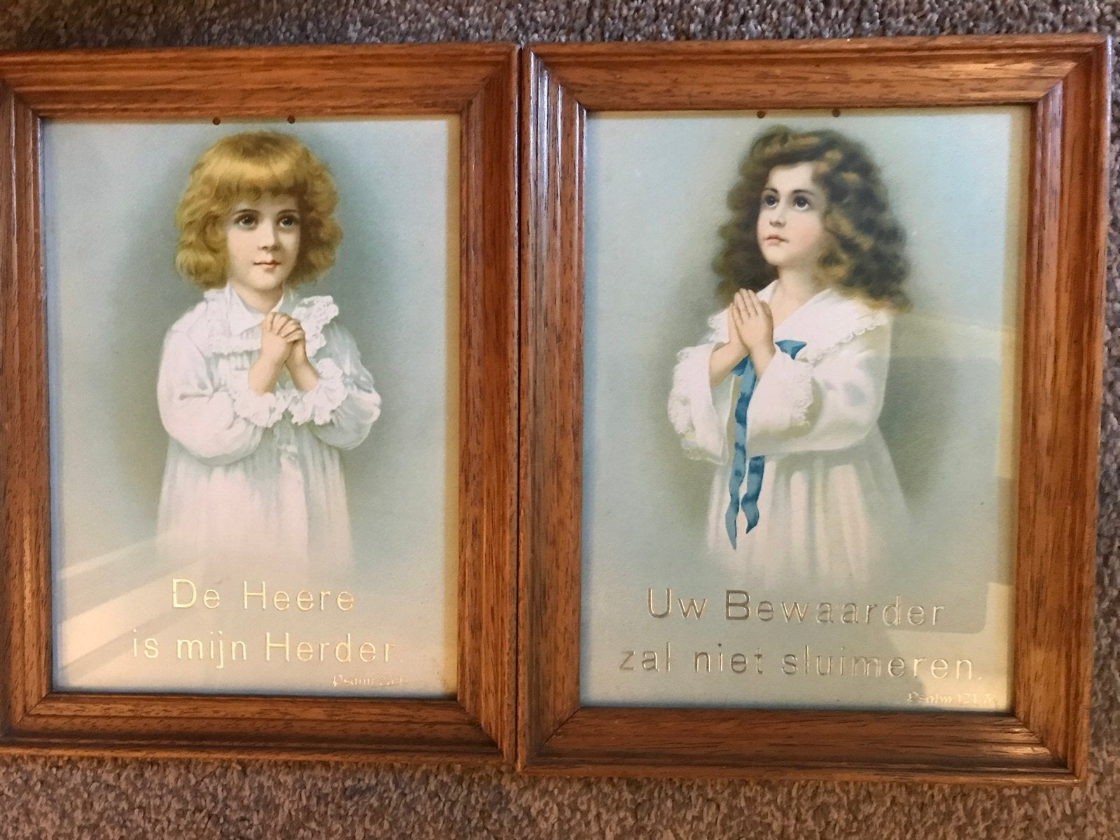 Vintage Religieuze Prenten in Houten Lijsten - Set van 2, Antiek en Kunst, Ophalen