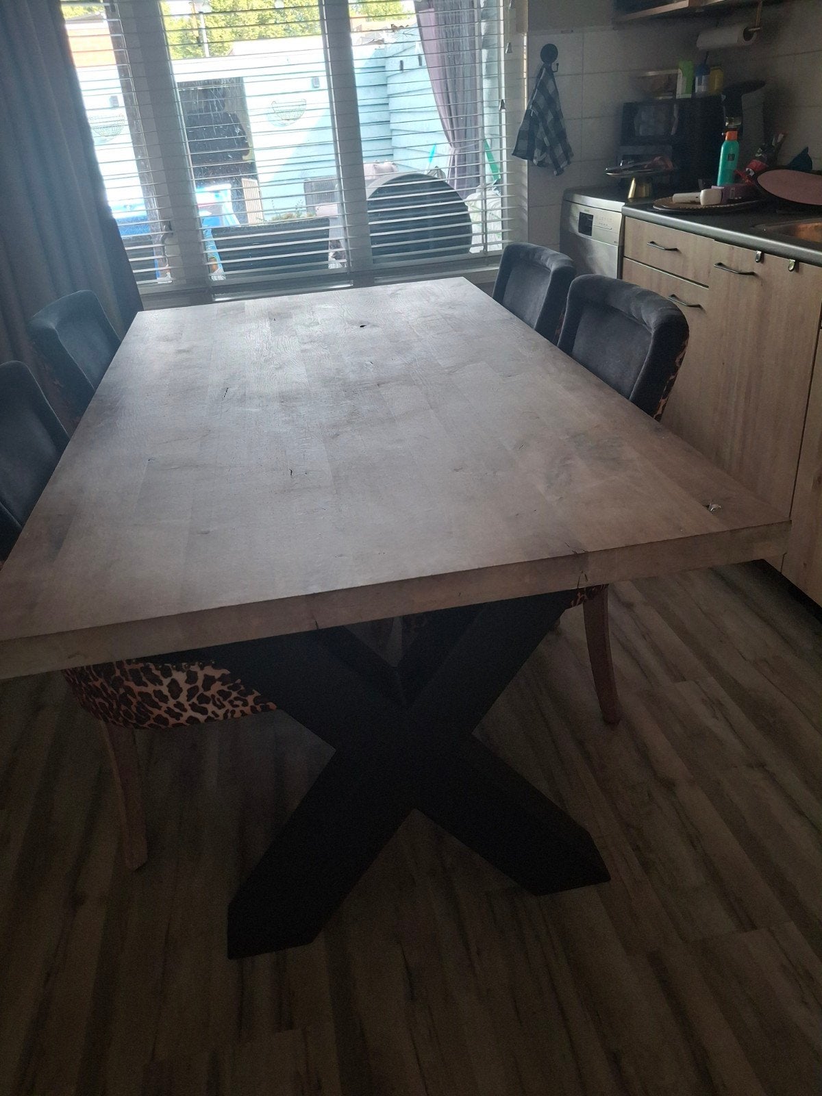 Eettafel met X-poten, Huis en Inrichting, Tafels | Eettafels, Gebruikt, Industrieel, Modern, 50 tot 100 cm, Vijf personen of meer