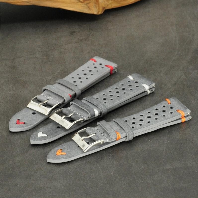 Grijze leren racing horlogeband rally band, Verzenden, Nieuw