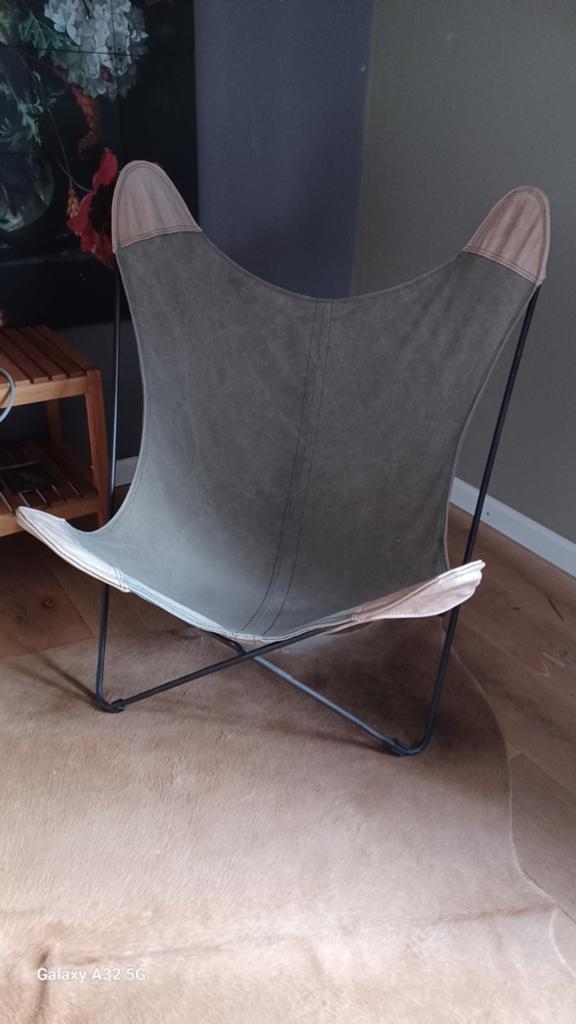 Vlinderstoel, canvas/leer, Huis en Inrichting, Ophalen, Zo goed als nieuw, 75 tot 100 cm, Leer