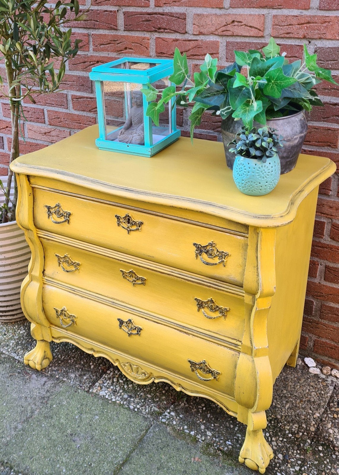 Buikkastje ladenkast buikkast zacht geel vintage stijl, Ophalen, Bohemian ibiza brocante, Eikenhout, 50 tot 100 cm