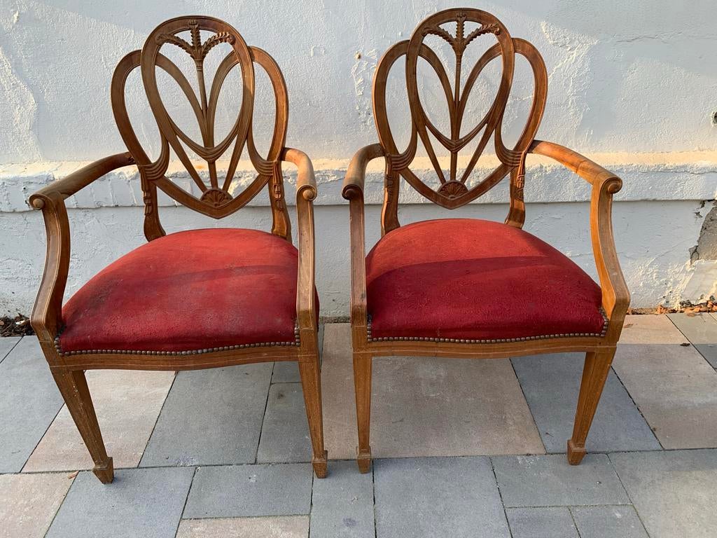 Set van 2 antieke stoelen met rood fluwelen bekleding, Antiek en Kunst, Ophalen