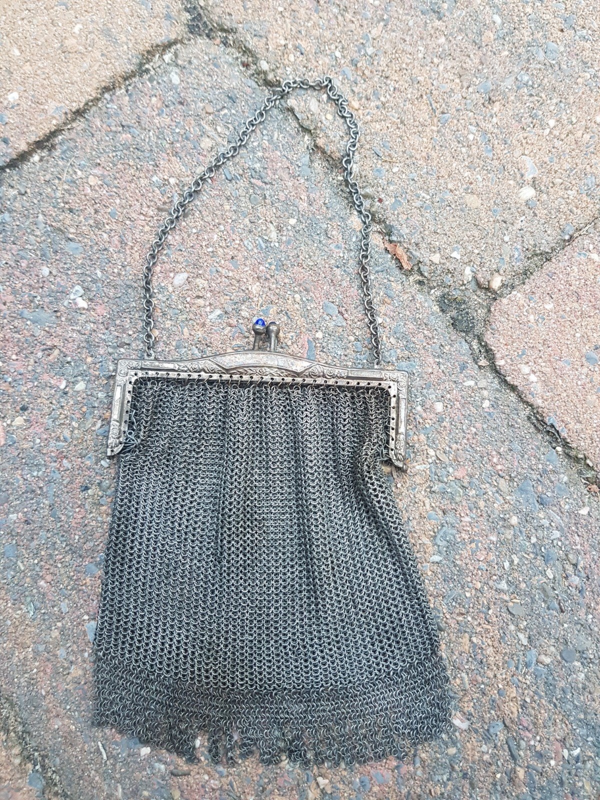 Antiek Maliënkolder Tasje met Blauwe Stenen, Ophalen of Verzenden