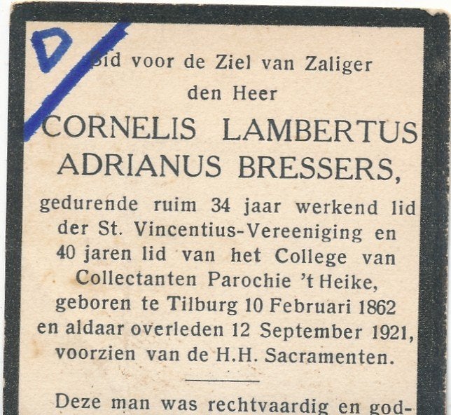 Tilburg 1862- 1921 Cornelis Lambertus Adrianus. Bressers, Ophalen of Verzenden, Bidprentje